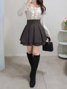 FRIFUL Women's Black Solid High Waist Pleated Short Casual Versatile Slim Fit Mini Skirt, Autumn/Winter - Grey - View 2