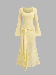 Sweetra Solid Color Square Neck Long Sleeve Dress, New Spring/Autumn Sexy Lace-Up Dress - Pale Yellow - View 1