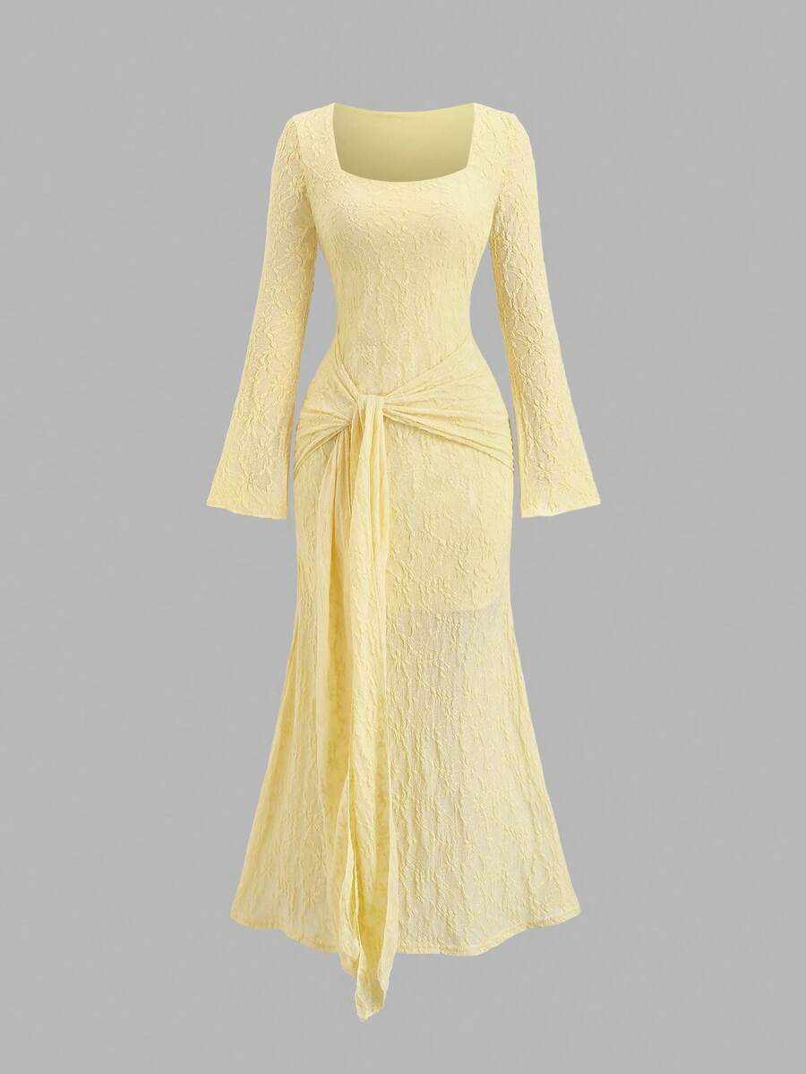 Sweetra Solid Color Square Neck Long Sleeve Dress, New Spring/Autumn Sexy Lace-Up Dress - Pale Yellow - View 1