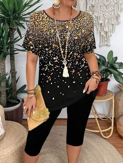 EMERY ROSE 大码休闲亮片印花短袖圆领上衣和七分裤两件套，简约时尚夏季女装