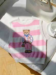 CovetEZ 夏季新款休闲简约条纹泰迪熊图案短款针织上衣，适合上学穿着，柔和的粉彩色调增添青春魅力！超显瘦颜色！ - 彩色 - 查看 6