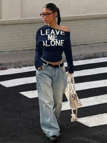 Muchica 女士白色字母印花斜肩收腰露脐长袖钴蓝色T恤，适合外出、街头穿搭、Y2K风格 - 寶藍色 - 查看 4