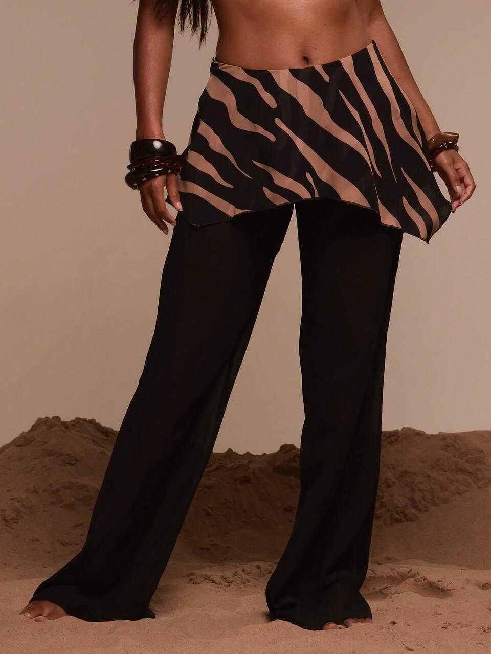 Double Layered Wide Leg Printed Chiffon Beach Trousers Cover Up Swim Vacation Holiday Summer Travel Beachwear Bathing Suit Terra Sol