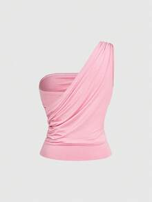 ROMWE 女士纯色褶皱单肩金属装饰时尚百搭约会派对上衣 - 粉色 - 查看 2