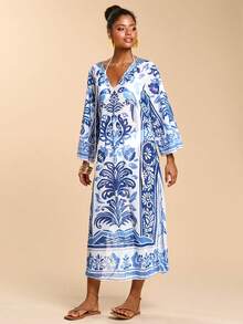 Travachic 女士棕榈树印花V领喇叭袖罩衫连衣裙，度假款 - 彩色 - 查看 4