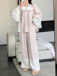 DAZY 优雅缎面蕾丝拼接女士睡衣套装 - 淺粉色 - 查看 5