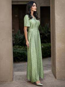 Layrah Comfortable Mint Green Hand-Stitched Beaded & Rhinestone Print Dress And Abaya Set - Green - View 6