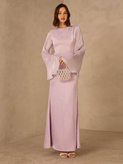 Enchnt Spring/Summer  Women's Solid Color Round Neck Flare Sleeve Fitted Mermaid Hem Elegant Dress,Spring Dress ,Valentine Outfits For Women,Elegant Dresses ,Pink Dress,Party Dress