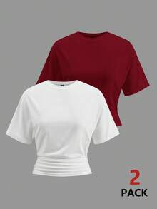 Coolane 女士秋季极简主义Y2K基础日常休闲返校街头风弹力白色宽松褶皱短款T恤黑白两件套 - 酒紅色 - 查看 2