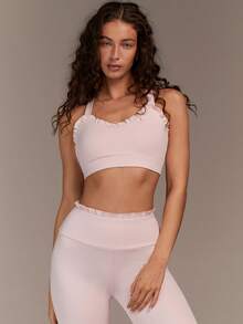 Fluxe 女士瑜伽极简纯色荷叶边交叉露背露脐背心和高腰紧身裤套装，夏季服装，夏季度假服装，情人节服装，情人节，女士休闲服装，女士运动服，粉色健身服，粉色瑜伽服 - 粉色 - 查看 6