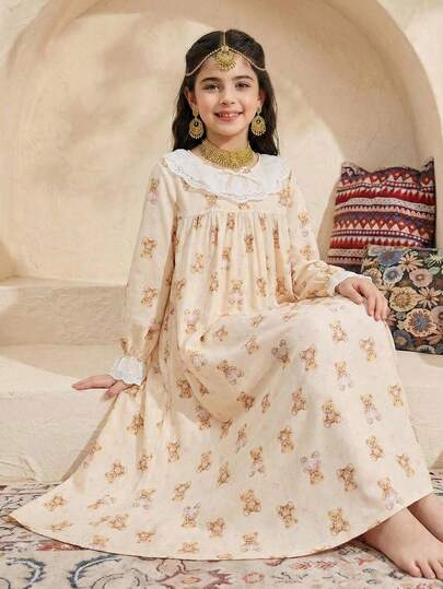 SHEIN 少女宽松休闲碎花荷叶边家居服连衣裙