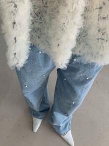 DAZY Women's Straight Leg Pearl Embellished Jeans, Stylish Wide Leg Dragging Jeans - Light Wash - View 3