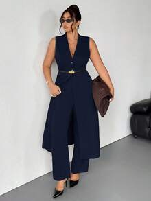 Firerie Plus Size Women Long Sleeveless Blazer Suit In Fall/Winter - Navy Blue - View 6