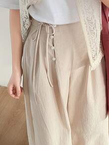 FRIFUL 女士纯色100%棉抽绳腰斜襟纽扣直筒裤，宽松休闲百搭长裤 - 卡其色 - 查看 10