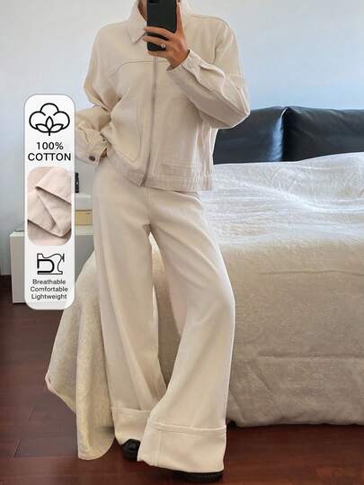 DAZY 宽松休闲米色复古做旧牛仔两件套，秋冬款