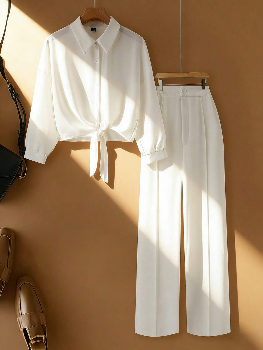 Franclia 女士休闲通勤梭织纯色衬衫和直筒裤两件套 - 白色 - 查看 1