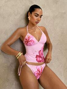 Swim Glamine 两件套花卉印花黄色格子比基尼套装，休闲度假沙滩派对泳装，春夏款 - 淺粉色 - 查看 5