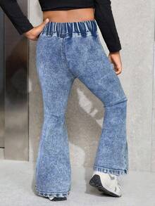 SHEIN Young Girl' Blue Denim Elastic Skinny Flare Pants - Light Wash - View 2