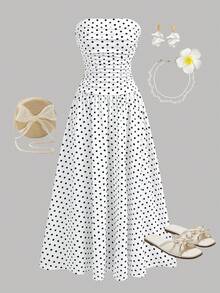 SHEIN Elegante vestito a balze in stile vintage con pois bianchi e neri per ragazze adolescenti - Bianco - Visualizzare 7