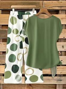 SHEIN Clasi 2pcs/Set Women's Casual Green Bow Tie Shirt And Loose Straight Geometric Print Pants Set, Suitable For Spring/Summer, Vacation, Outing, Everyday Wear - Multicolor - View 2