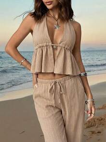 SHEIN EZwear 2件套卡其色露背吊带上衣和裤子休闲度假套装（女士） - 卡其色 - 查看 5