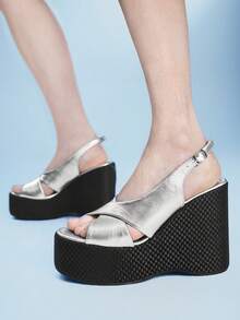 Sugerpunk Women's Thick Sole Sandals, Open Toe Platform Wedge Heels, Fashion Shoes - Silver - View 1