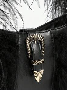 Viva Strut 女士单肩包、流浪包、手提包、仿毛皮、毛绒、皮草、黑色、PU材质、黑色包包、时尚、个性化、简约、百搭、街头风、甜美酷女孩、辣妹、Y2K、复古、铆钉、复古 - 黑色 - 查看 6