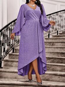 Fleurora Váy dạ hội mùa xuân hè, thu đông thanh lịch, thích hợp cho tiệc cưới, ngày lễ tình nhân, tiệc cocktail, hòa nhạc/lễ hội âm nhạc, màu tím, dệt, cổ áo xếp lớp, tay áo xòe xẻ tà, tay dài, cỡ lớn, quần áo mùa đông, váy nữ, váy thu đông thanh lịch dự tiệc, váy dự tiệc sang trọng, váy thanh lịch cho nữ, váy thanh lịch cho quý cô, váy sang trọng, váy lấp lánh, váy dự tiệc cưới lấp lánh cho nữ, váy cao cấp, váy lấp lánh - Màu tím - Xem 3