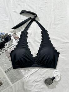 Swim Lushoire 大码女士性感露背花卉饰边夜店泳衣上装 - 黑色 - 查看 1