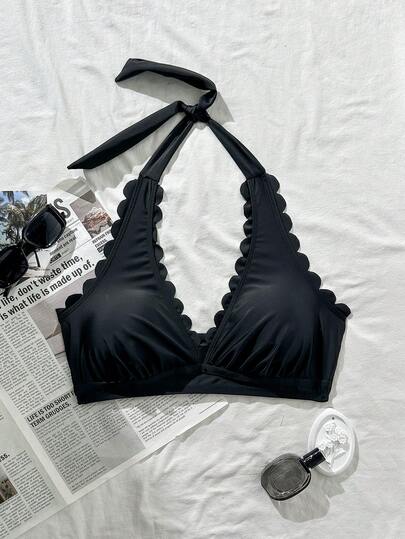 Swim Lushoire Top de traje de baño con cuello halter y adorno floral para mujer talla grande