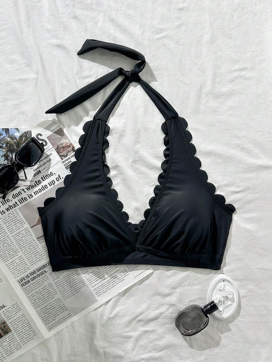 Swim Lushoire 大码女士性感露背花卉饰边夜店泳衣上装 - 黑色 - 查看 1