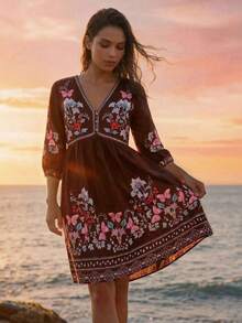 CAJUNI Women's V-Neck Floral Print Ruched Casual Vacation Date Outing Mini Dress - Brown - View 1