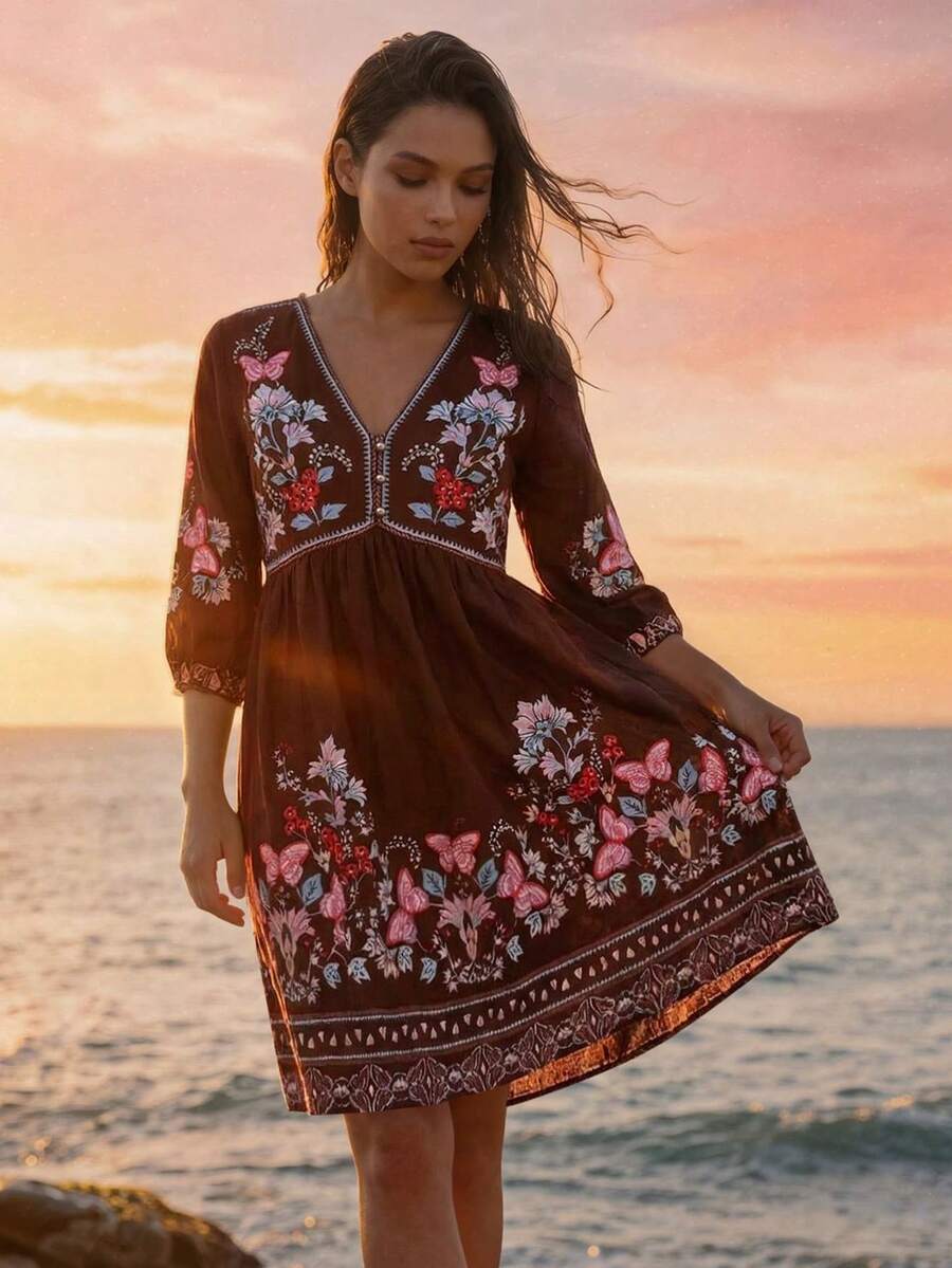 CAJUNI Women's V-Neck Floral Print Ruched Casual Vacation Date Outing Mini Dress - Brown - View 1