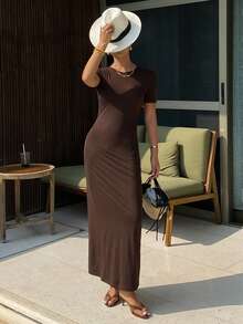 Livesso 女士露背系带修身嘉年华连衣裙 - 深棕色 - 查看 3