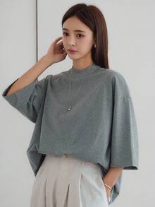Dazy-Less 宽松休闲纯色简约短袖T恤女超大码T恤商务休闲女工作服 - 灰色 - 查看 6