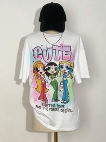 THE POWERPUFF GIRLS X SHEIN Women's Blossom, Bubbles, Buttercup Pattern Round Neck Short Sleeve T-Shirt - White - View 4