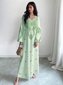 SHEIN Najma Women's Floral Vine Pattern Digital Print V-Neck Long Sleeve Elegant Arabic Style Maxi Dress, Spring - Multicolor - View 3