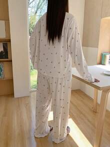 Dazy Plus 大码女式碎花长袖纽扣上衣和裤子睡衣套装 - 白色 - 查看 2