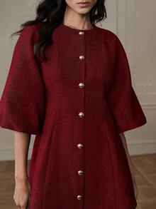 Aveloria Rosie Đầm dệt kim họa tiết xương cá tay phồng, thanh lịch, đa năng, mang phong cách thời trang cao cấp. - Đỏ - Xem 2