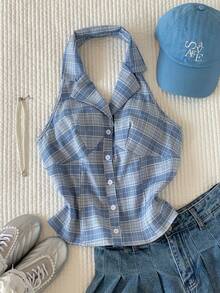 Comfortcana Women's Casual Plaid Backless Halter Thin Blazer Jacket, Summer - Blue - View 3