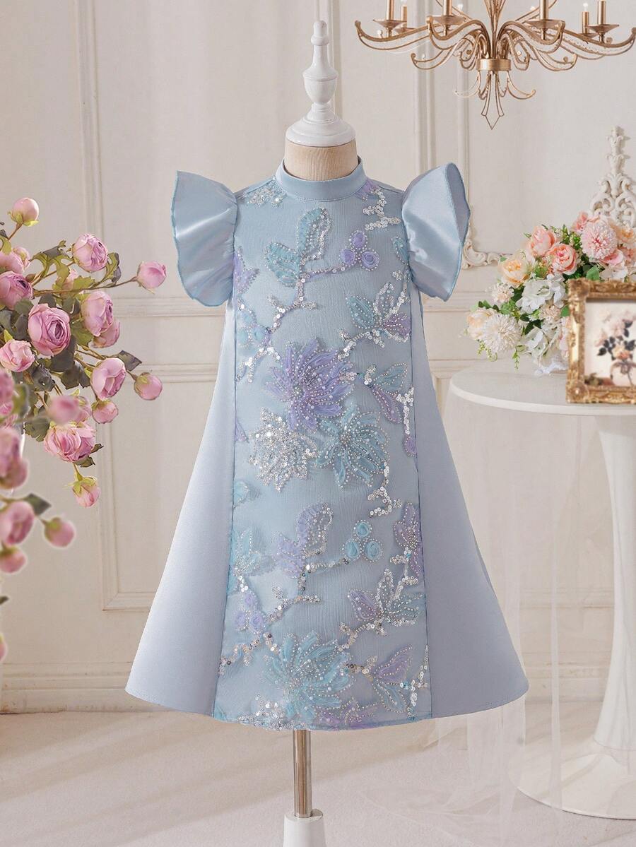 SHEIN 女童纯色串珠刺绣立领荷叶边连衣裙 - 藍色 - 查看 1
