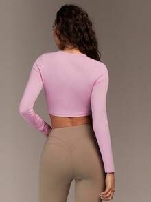 VARSIVA Women's Pink Letter Print Casual Crew Neck Long Sleeve Top - Pink - View 2