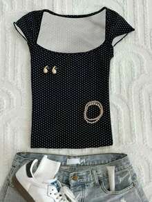 Glimmora Áo thun nữ tay ngắn in chấm bi, kiểu dáng thường ngày, đa năng. - Nhiều màu - Xem 1