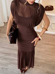 Siren Gaze 女士立领网纱拼接荷叶边优雅收腰长款派对连衣裙 - 巧克力棕 - 查看 2