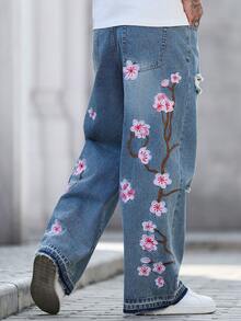 Manfinity LEGND 男女皆宜的做旧刺绣宽松水洗休闲牛仔裤，美式街头风 - 淺色水洗藍 - 查看 9