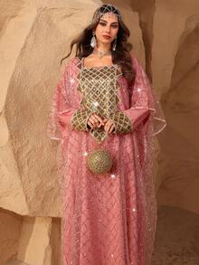 Layrah Elegant Spring/Summer Square Neck Sequin Embroidered Dress For Evening Party - Pink - View 8