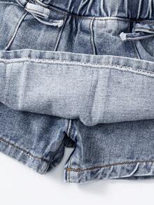 Young Girl Denim Shorts, New Casual Fashion Bow Design Washed Dark Blue Denim Pleated Skorts - Blue - View 5