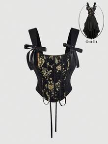 SHEIN MOD Áo croptop corset thắt nơ phía trước, chất liệu jacquard đen cổ điển, thích hợp cho Ngày Valentine, quà tặng Valentine cho nữ, lễ hội Carnival, phong cách thập niên 70, retro, vintage. Áo corset dành cho nữ. - màu đen - Xem 8