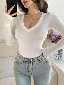 DAZY 女士修身基础款长袖T恤，时尚休闲街头风，适合秋季、春季和夏季穿着 - 白色 - 查看 6