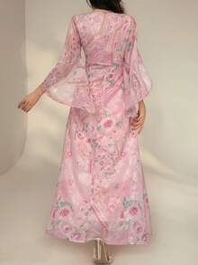 DAZY Vestido con estampado floral de primavera y verano, vestido midi elegante y entallado para el Día de San Valentín, boda, fiesta, ocasión formal, uso casual, vestido de verano de manga larga con estampado floral oscuro - Celeste - Ver 2